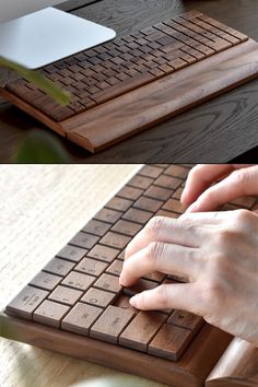 a person is typing on a wooden keyboard