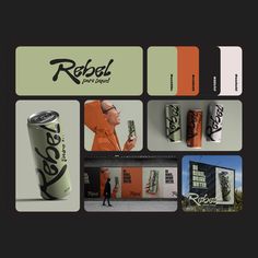 a collage of logos and business cards for soda company robbig, including an orange can