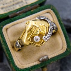 an elephant head ring with diamonds in it's mouth sitting on top of a box