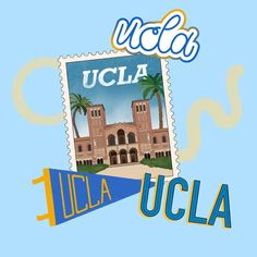 an image of a stamp with the words uccla on it and a photo of a building