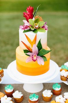 a colorful cake with flowers on top and cupcakes around it