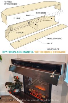 how to build a diy fireplace mantel with hidden storage for the top and bottom