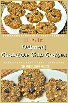 an image of oatmeal chocolate chip cookies on a plate with text overlay