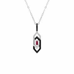 Dazzle any crowd with this black enamel, white topaz & ruby Art Deco pendant inspired by the elegance and glamour of the roaring 1920s. This pendant features a matching white gold 45cm chain.   Ruby stones are classed as one of four truly precious gems for their beauty and rarity. Celebrated for their bold red colours, rubies have come to represent love and passion. Topaz is the birthstone November and is usually gifted on 4th wedding anniversaries. It has been said the Ancient Egyptians wore topaz as a protective talisman and was thought to be a gift from the sun god Ra. A quick buff with a jewellery cleaning cloth will remove metal tarnishes and keep gemstones looking glossy. Please avoid exposure to perfumes, cosmetics or chemicals. Roaring 1920s, 4th Wedding Anniversary, Art Deco Pendant, Ruby Pendant, Enamel Necklaces, Deco Jewelry, Leiden, Precious Gems, Art Deco Jewelry