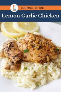 lemon garlic chicken with rice on a white plate