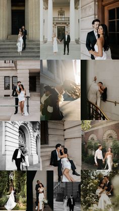 a collage of photos with people standing in front of a building and posing for pictures