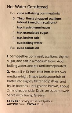 a recipe for hot water cornbreads with instructions on how to make it in the microwave