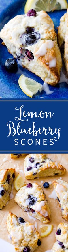 lemon blueberry scones on a plate with lemon wedges next to it and the recipe