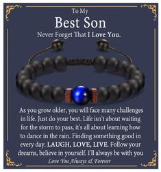 a bracelet with the words to my best son and an image of a blue ball on it