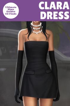 a woman in a short black dress with pearls on her neck