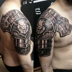 a man's half sleeve with an armor tattoo on it