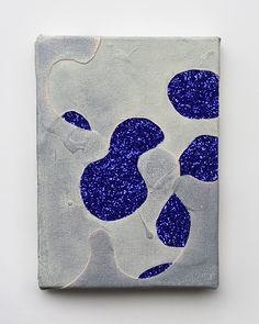 an abstract painting with blue and white shapes on a gray background, made from acrylic paint