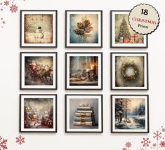 a set of twelve christmas prints with snowflakes, wreaths and santa's sleigh