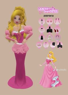 a barbie doll is standing next to a dress and shoes for the princess in pink