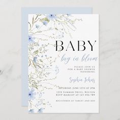 Invitation baby Shower Baby Boy In Bloom, Baby In Bloom Boy, Spring Baby Shower Themes, Spring Baby Shower Invitations, Boy Baby Shower Decor, Sprinkle Shower, Wildflower Baby Shower, Baby In Bloom, Spring Baby Shower