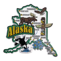 the state of alaska with an image of animals and birds on it's map