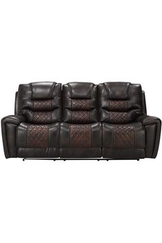 a brown leather couch with two reclining seats