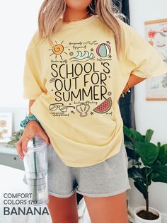 "Last Day Of School Shirt, School's Out For Summer, End Of School Year, Goodbye School Tee, Hello Summer Vacation, Teacher Appreciation Gift HOW TO ORDER ➀ Select color ➁ Select the size (Please check size chart) ✦ True to size. Size up 1-2 sizes for an oversized look. ➂ Add to cart ✦ (Optional) \"Add message to Seller\" on the checkout page. GARMENT FEATURES ✦ Crew neckline ✦ Direct to garment printing - no vinyl, decal, or iron-on technique ✦ Our designs are printed on the garment to last a long time and may not appear as 'glossy' or saturated as iron-on designs are. ✦ Please note that colors may appear different on different digital screens and may not be a true representation of the actual colors. ✦ Additional T-Shirt Colors and Sizes Available Upon Request ✧✧Brands: Bella Canvas Unise Summer School Spirit Tops, Summer School Spirit Short Sleeve Shirt, Summer School Spirit Shirt With Graphic Print, School Spirit Graphic Print Summer Shirt, Summer School Slogan Tops, Summer School Tops With Slogan, Summer Slogan Tops For School, Summer School Spirit Graphic Print Tops, School Spirit Graphic Print Tops For Summer