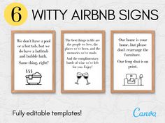 three framed signs with the words, 6 witty arrib signs and two wine glasses