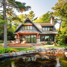 a house with a pond in front of it