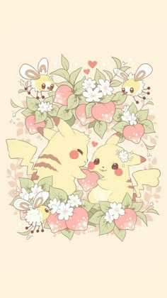 two pikachu are surrounded by flowers and hearts on a light pink background with white daisies