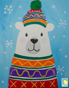 a painting of a polar bear wearing a colorful hat