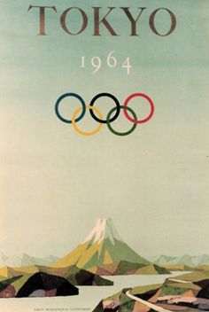 an olympic poster with the tokyo olympics rings in front of a mountain and blue sky