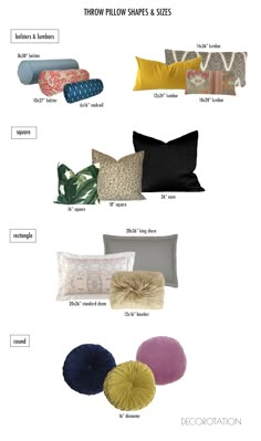 pillows and pillow covers are shown in different colors, sizes and styles for the bedroom