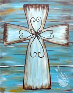 a painting of a cross on a blue background