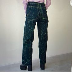 Worn Only In Fitting Room, Never Washed, Now Too Small Otherwise Fantastic High-Quality Jeans Great Splatter Design & Flattering Back Pockets Green Wide Leg Jeans, Eckhaus Latta, Fitting Room, High Jeans, Wide Leg Jeans, Leg Jeans, Blue Green, Wide Leg, Women Jeans