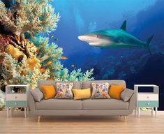 an underwater scene with a shark and corals in the ocean wall mural decal