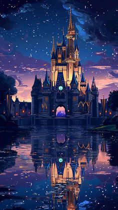 the castle is lit up at night with stars in the sky and water below it