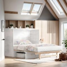 a white bed sitting under a skylight in a bedroom next to a wooden floor