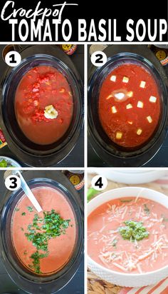 Steps for making tomato basil soup in the crockpot Tomatoe Basil Crockpot Soup, Best Tomato Basil Soup, Slow Cooker Tomato Soup, Kid Friendly Soup, Easy Soup Recipe, Pickle Soup, Tomato Basil Soup Recipe, Easy Fall Dinners, Creamy Tomato Basil Soup