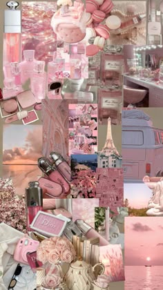 a collage of pink and white images with the eiffel tower in the background