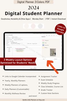 the digital student planner is shown with an arrow pointing to it