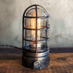 a light that is on top of a wooden table