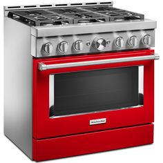 a red stove with two burners and one oven door is shown in front of a white background