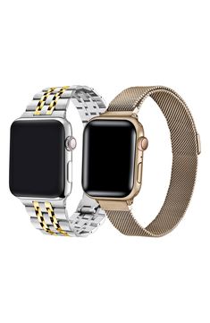 Refine your Apple Watch with this elegant band set that includes an adjustable mesh strap and timeless two-tone bracelet. Pack of 2 assorted bands Apple watch not included Compatible with all Apple Watch series Deployant clasp closure; self-adjustable band Stainless steel/goldtone plate Imported Apple Watch Stainless Steel, Gold Apple Watch, Bracelet Pack, Apple Watch 38mm, Apple Watch Strap, Stainless Steel Band, Apple Watch Series, Apple Watch Bands, Watch Strap