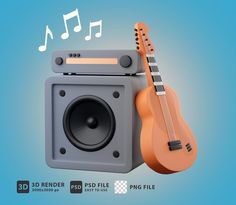 an orange ukulele sitting next to a speaker with music notes coming out of it