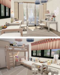 two pictures of a child's bedroom with bunk beds and desks