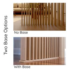 two different views of the same room with wood slats and no base, without bottom