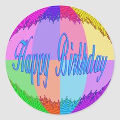 a colorful happy birthday sticker with the words happy birthday in blue, green, yellow and pink