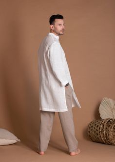 Regular Fit White Long Sleeves Flax Tunic Top For Men White Long Sleeves, Men Summer, Long Shirt, Natural Linen, Color Show, Linen Shirt