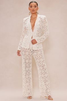 Available In Cream And Chocolate. Crochet Blazer Long Sleeve Button Closure Wide Leg Crochet Pant Hidden Back Zipper Stretch Self: 100% Cotton Lining: 100% Polyester Imported | Amalfi Crochet Blazer Suit Set in Cream size XL by Fashion Nova Crochet Blazer, Crochet Suit, Crochet Pant, Old Wedding Dresses, Cream Fashion, Womens Suit, Crochet Pants, Knit Ideas, Pant Sets