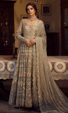 Grey Color Wedding Anarkali Gown in USA Organza Styles, Anarkali Gown, Flamingo Pink, Fantasy Gowns, Organza Dupatta, Flattering Dresses, Fabric Stores Online, Wedding Collection, Long Gown