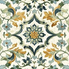 an ornate tile design with blue, yellow and green flowers