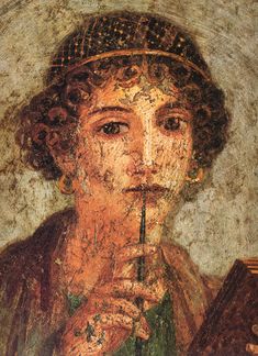 an ancient painting of a woman holding a pipe