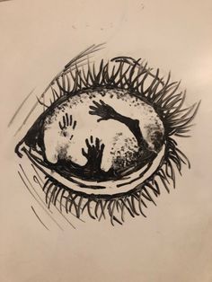 a drawing of an eye with hands coming out of it