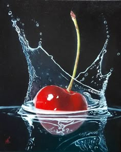 an oil painting of a cherry with water splashing on it